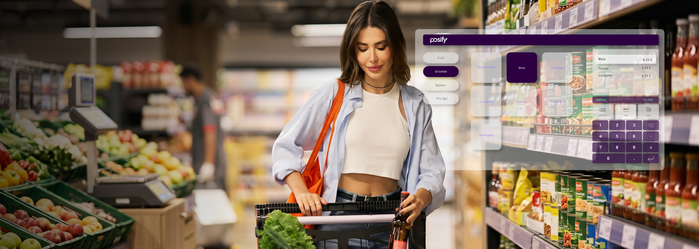 Klant met winkelmandje in een supermarktgangpad, met een POSIFY-kassascherm ernaast