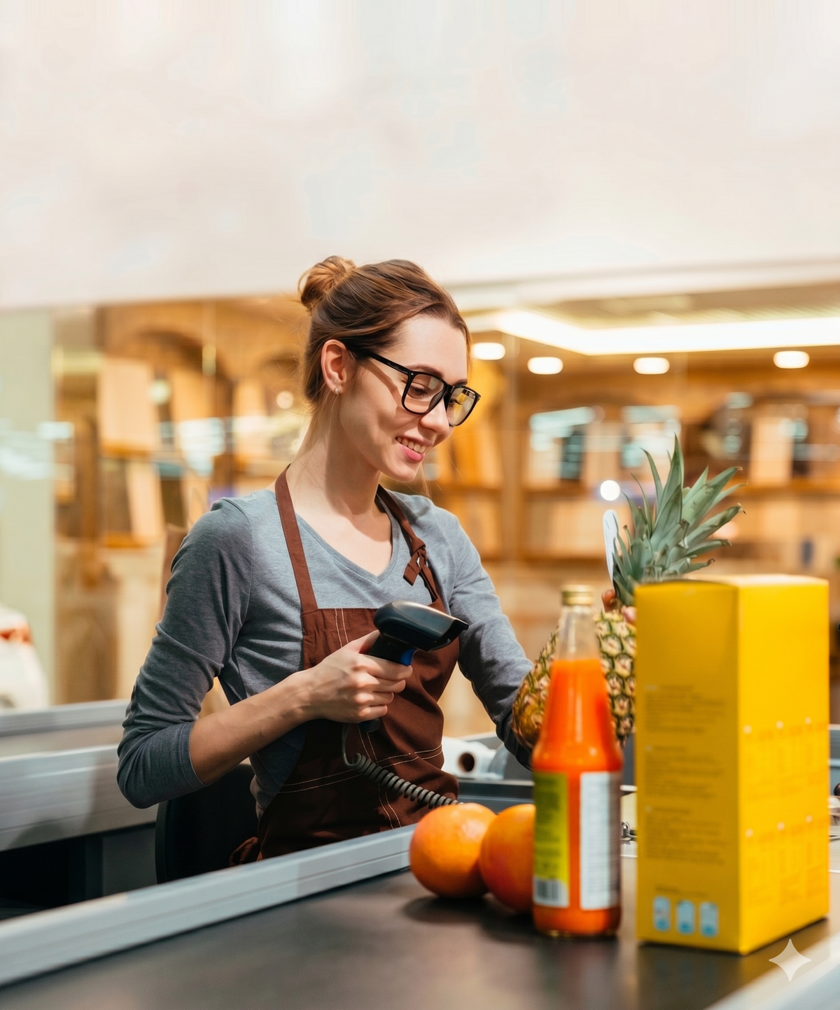 Caissiere scant een fles met een handscanner aan de kassaband van een supermarkt