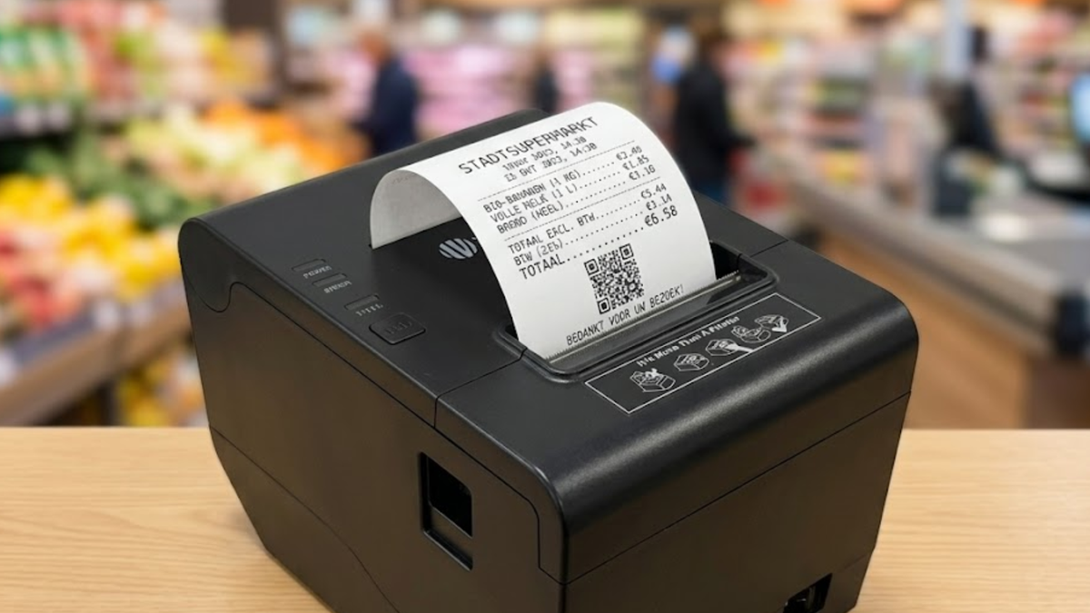 Bonprinter print een kassabon aan de kassa van een supermarkt