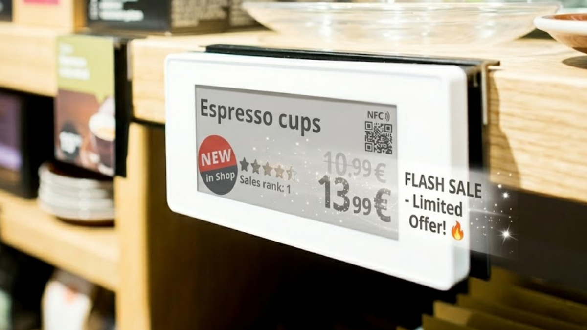 Elektronisch schaplabel met prijs en actie in een winkelschap